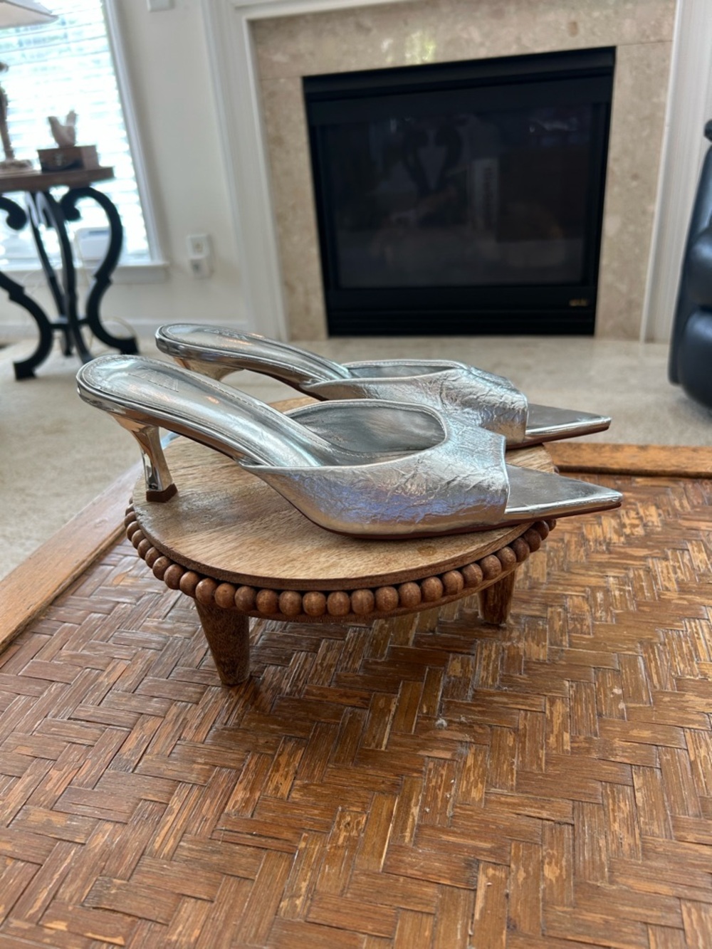 Zara Metallic Silver Pointed-Toe Kitten Heel Mules